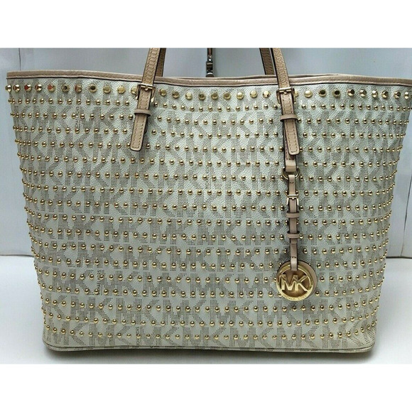 Michael Kors Jet Set Travel Vanilla PVC Leather Gold Studded Large Tote Bag - Picture 13 of 14
